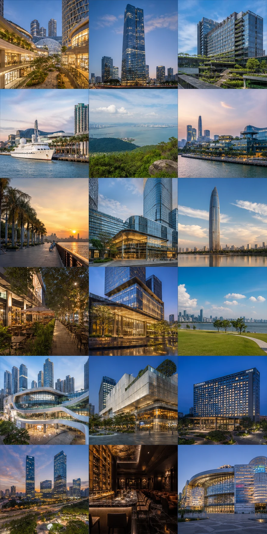Collage de barrios, parques y espacios junto al agua en Shenzhen