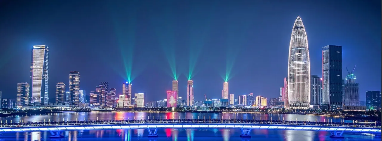 The Shenzhen skyline illuminated after dark