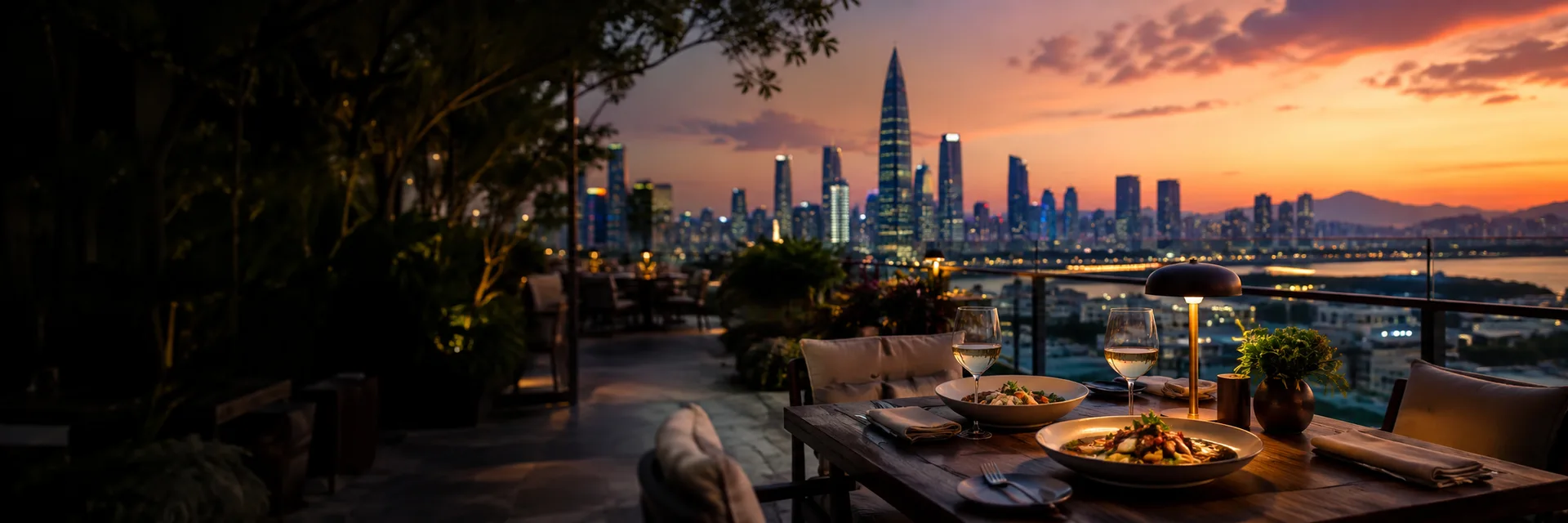 Illustrated rooftop dining scene overlooking Shenzhen at sunset