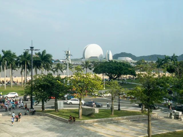 Zhuhai's shell-shaped opera house beyond palms and Lovers Road, seen from Zhuhai Museum