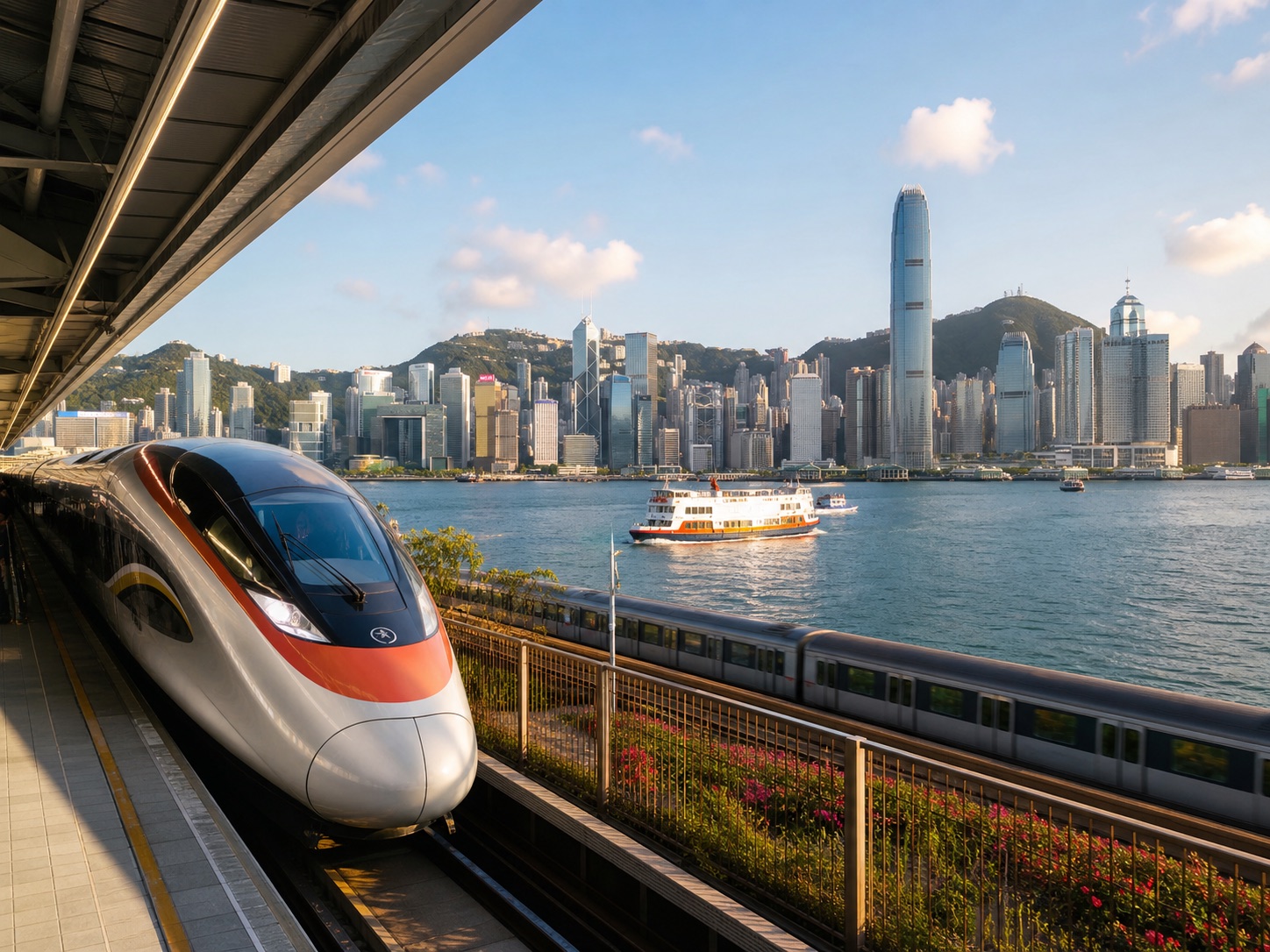 Train, ferry, and Hong Kong skyline representing cross-border travel