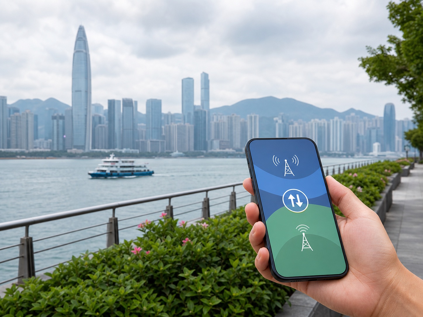 A smartphone showing dual-network connectivity on the Shenzhen waterfront